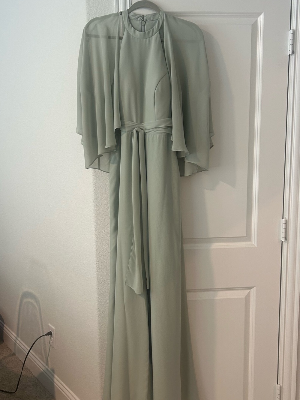 Sage Green Pantsuit with Flowing Cape Sleeves